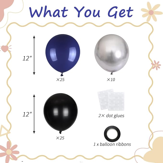 60pcs Blue Silver Balloons, 12inch Navy Blue, Black, Metallic Silver Party Balloons for Graduation 2026, Father's Day, Men's Birthday, Sports Party Decorations