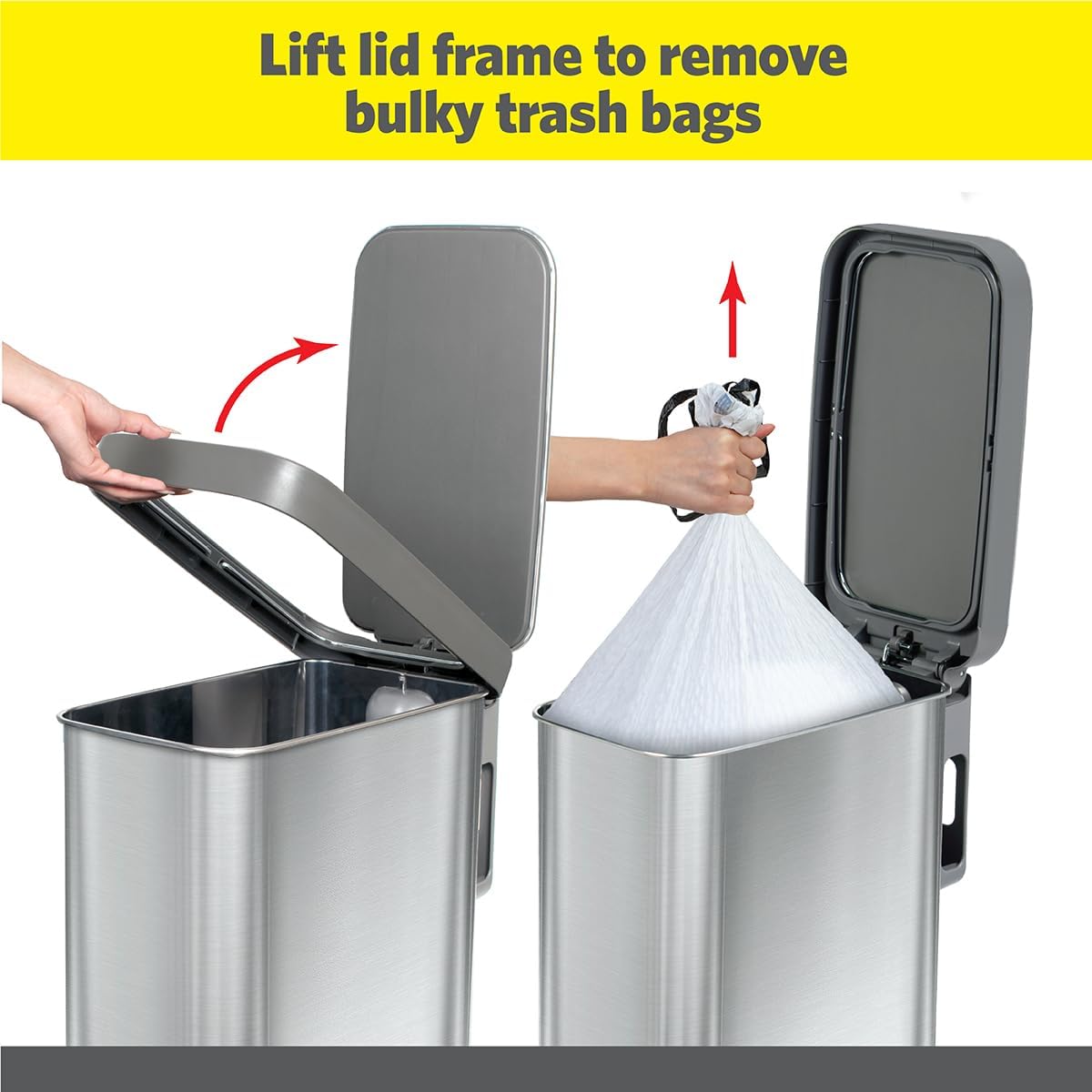 Glad Slim Trash Can with Clorox Odor Protection - Narrow Kitchen Garbage Bin with Soft Close Lid, Step On Foot Pedal and Waste Bag Roll Holder, All Stainless, 45 Liter