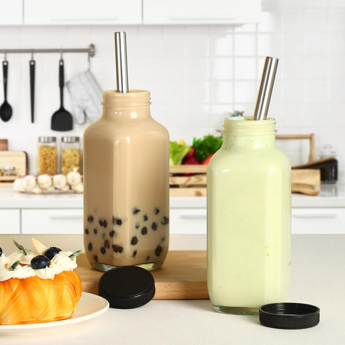 Cucumi 24pcs 16oz Glass Juice Bottles with Lids, Reusable Vintage Glass Drinking Bottles with Blank Labels, Brush, Straws, Funnel for Storing Tea