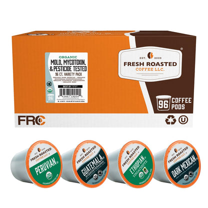 Fresh Roasted Coffee, Organic Mold &amp; Mycotoxin Tested Variety Pack K-Cup Pods for Keurig Brewers, Medium Roast, USDA Organic, Kosher, 96 Count Loose Pack