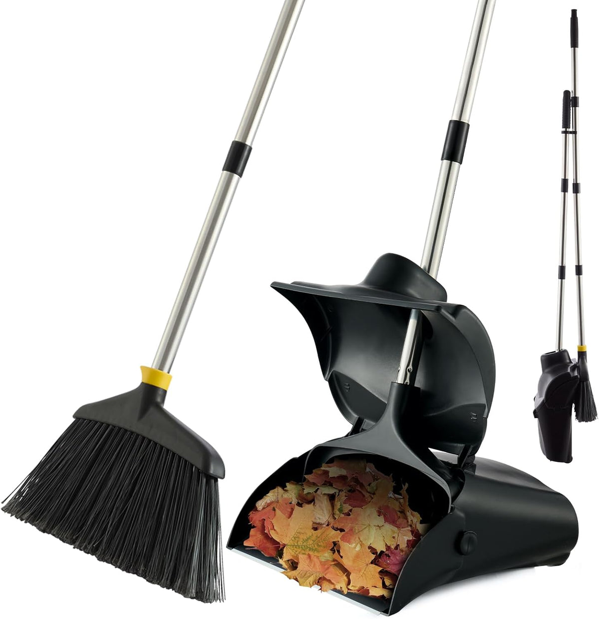 Outdoor Broom and Dustpan Set with Long Handle, Commercial Upright Standing Dust Pan with Windbreak Cover and Brooms Combo for Sweeping Lobby Courtyard Garage Deck Patio Indoor