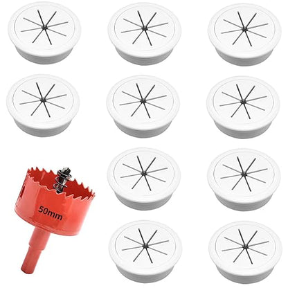 Surf turtle 10 Pack 2 Inch White Desk Grommets, Flexible Plastic Cable Cord Hole Cover with Hole Saw for Desk Table Cabinet Countertop Furniture