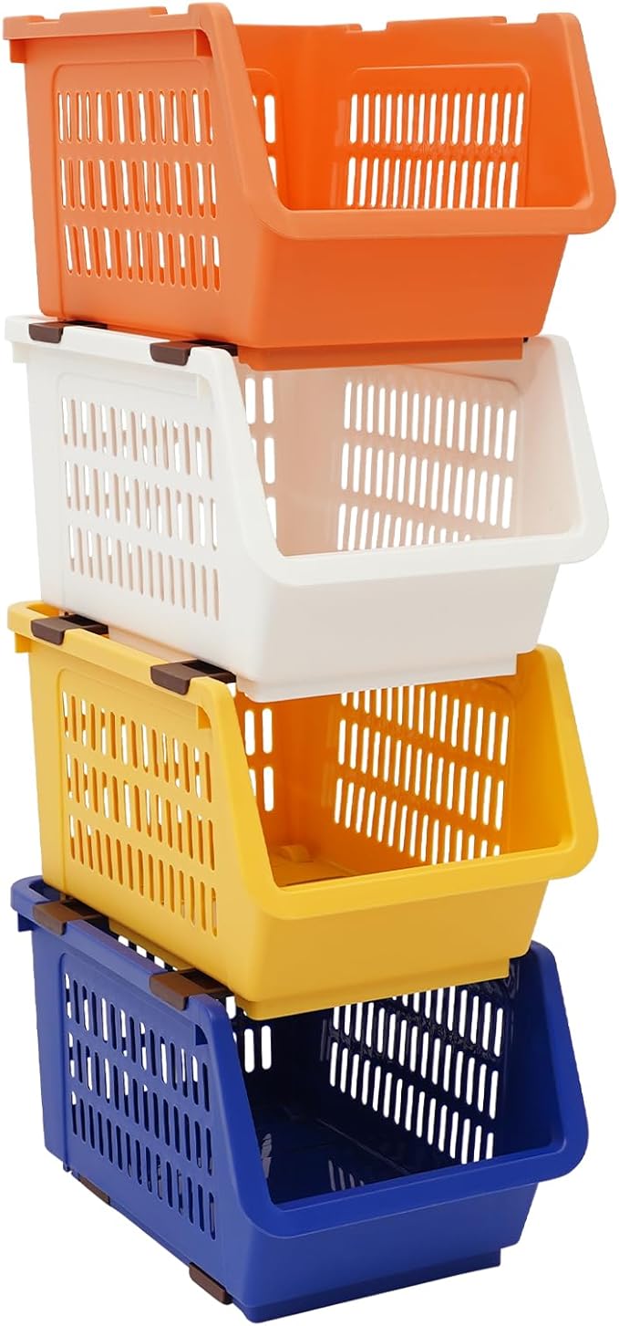 4-Pack Stackable Storage Baskets with 2 Wheels, Large Capacity 38.58 lbs Stackable Storage Bins Open Front, Space Saving Home Organization for Kitchen Bedroom Office (Morandi, 9.5*13.4*29.9 in)