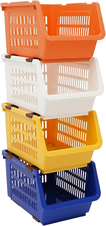 4-Pack Stackable Storage Baskets with 2 Wheels, Large Capacity 38.58 lbs Stackable Storage Bins Open Front, Space Saving Home Organization for Kitchen Bedroom Office (Morandi, 9.5*13.4*29.9 in)