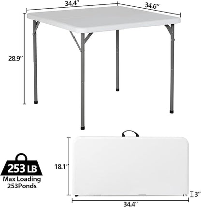 SUPER DEAL 3 Foot Square Folding Card Table, Indoor Outdoor Portable Plastic Heavy Duty Fold-in-Half Puzzles Camping Picnic Party Table with Carrying Handle, White
