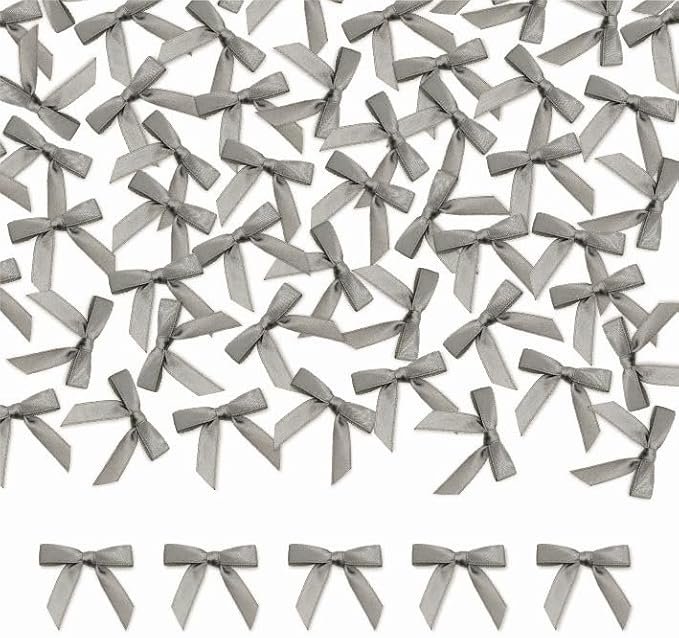 Meseey 100 Pcs 1.5 Inches Premade Craft Bows Self Adhesive Grey Satin Ribbon Bows for Treat Bags Gift Wrapping Basket Wedding Baby Shower Brithday Party(Grey)