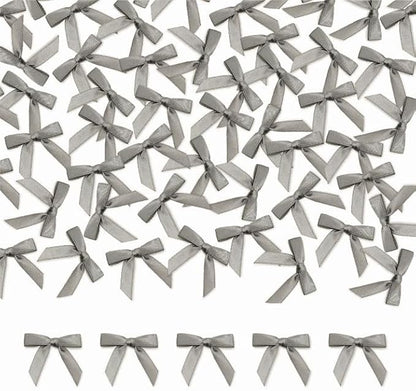 Meseey 100 Pcs 1.5 Inches Premade Craft Bows Self Adhesive Grey Satin Ribbon Bows for Treat Bags Gift Wrapping Basket Wedding Baby Shower Brithday Party(Grey)