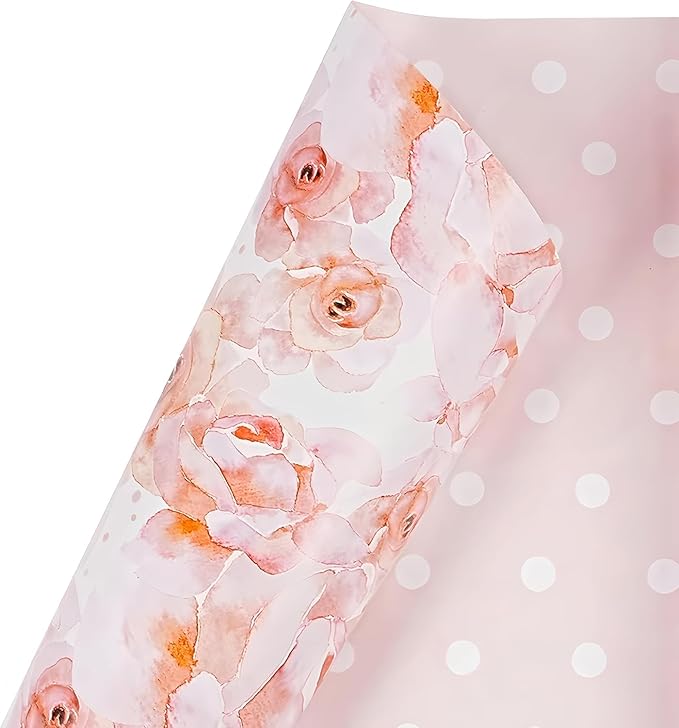 Pink Flower Wrapping Paper, Reversible Pink Wave Point Baby Girl Women Wrapping Paper Gift Wrap for Birthday, Valentines, Mothers day, Graduation, Wedding, Fathers day, Baby Shower (17in x 32.8ft)