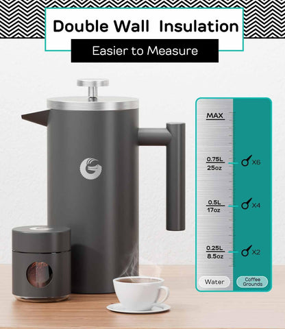 Coffee Gator French Press Coffee Maker - 34oz Double Insulated Stainless Steel Brewer plus Travel Jar Canister
