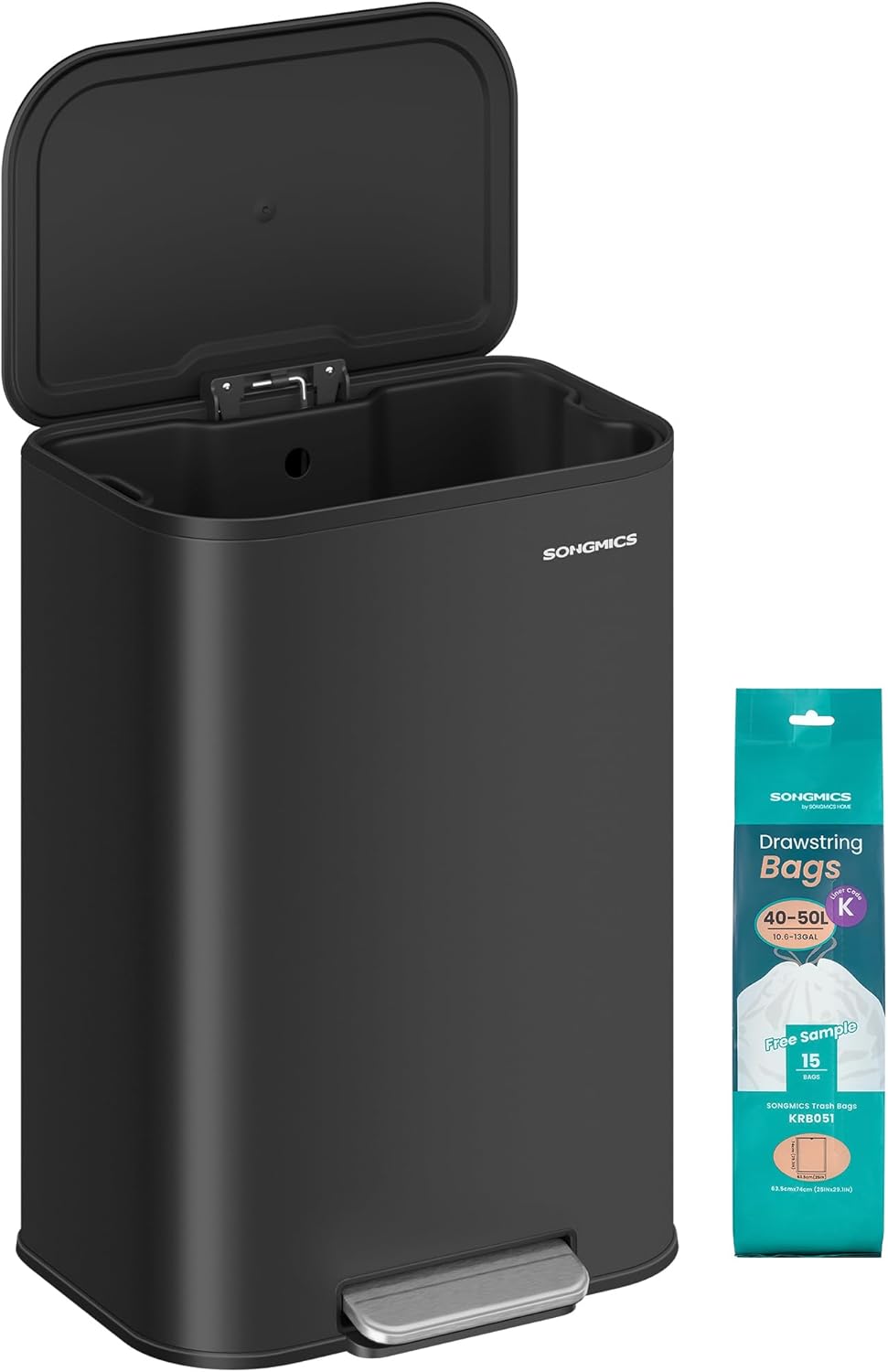 SONGMICS Kitchen Trash Can, 13-Gallon (50 L) Garbage Can with Lid, Stainless Steel, Soft Close and Stays Open, Inner Bucket, Wide Non-Slip Pedal, Ink Black ULTB547B01