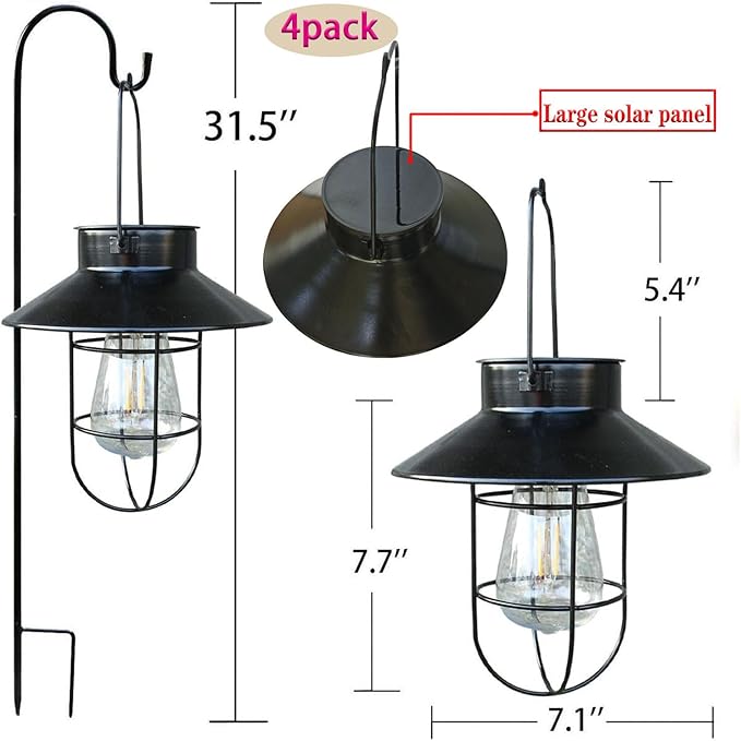 4 Pack Hanging Solar Lantern Lights with Shepherd Hook, Metal Waterproof Warm White Edison Bulb Lights for Garden Outdoor Pathway