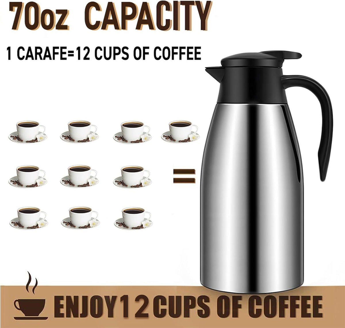70oz Thermal Coffee Carafe, 2 Pack Airpot Insulated Coffee Urns Stainless Steel Vacuum Thermal Pot Dispenser for Coffee, Hot Water, Tea