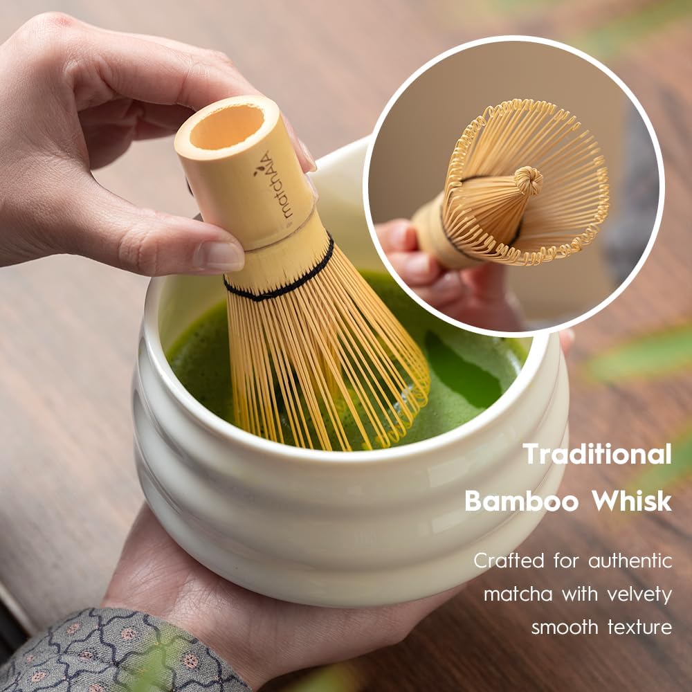 7 Pcs Matcha Set - Ceramic Bowl, Bamboo Whisk with Holder, Sifter, Schima Spoon, Spoon Rest and Tea Towel, Complete Kit for Traditional Matcha and Modern Lattes (White)