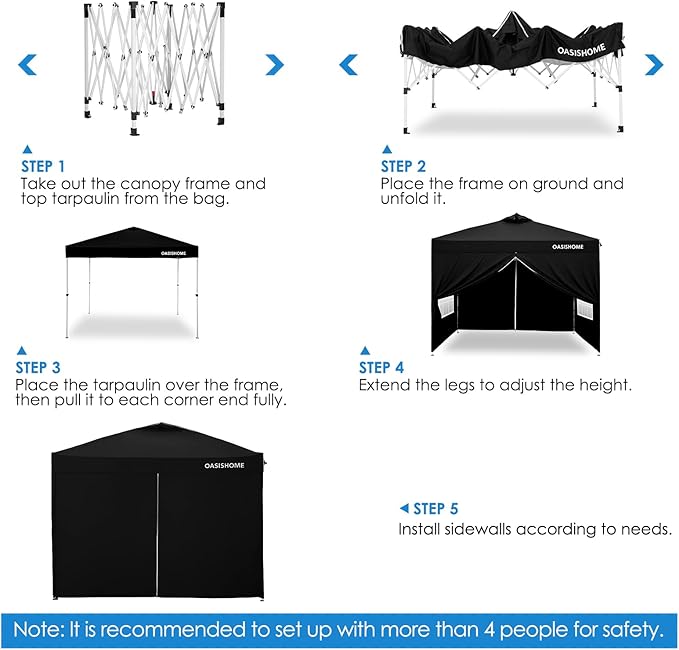 OASISHOME Canopy Tent 10'x10' Pop Up Gazebo with 1-Person Set Up, 4 Sidewalls, Wheeled Bag, Waterproof UV Protection Heavy-Duty Steel Frame Shelter for Patio Outdoor Wedding Party Event (Black,10x10)