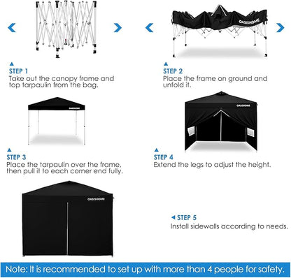 OASISHOME Canopy Tent 10'x10' Pop Up Gazebo with 1-Person Set Up, 4 Sidewalls, Wheeled Bag, Waterproof UV Protection Heavy-Duty Steel Frame Shelter for Patio Outdoor Wedding Party Event (Black,10x10)