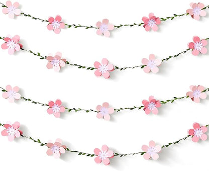 3D Cherry Blossom Flower Garland (2PCS) Flower Banner Pink Paper Cherry Flower Garland for Spring Garden Party Wedding Backdrop Arch Decor