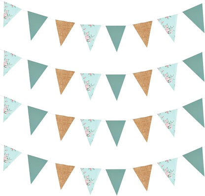 Zwiebeco 39Ft Sage Green Floral Fabric Pennant Banner Vintage Burlap Triangle Flag Retro Flower Bunting Party Decoration for Birthday Engagement Wedding Bridal Baby Shower Rustic Village Garden Decor
