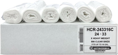 Aluf Plastics High Density Trash Bags, 12-16 Gallon, 500 Count, 16 Micron (eq), 24" x 33", Clear, For Bathroom, Office, Industrial, Commercial, Janitorial, Municipal, & Recycling