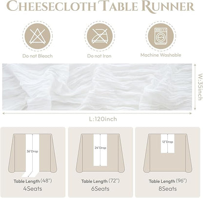 Sioloc Ivory White Cream Cheesecloth Table Runner 120'' x 35'',Spring Easter Decor Soft Gauze Boho Wedding Table Decor for 10ft Table Birthday Party,Baby Shower, Bridal Shower, Home & Event Decor
