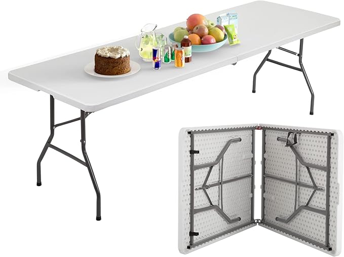PayLessHere Outdoor Dining Table 8FT Plastic Camping Table Portable Party Table with Carrying Handle for Parties Wedding BBQ Camping Dining Kitchen
