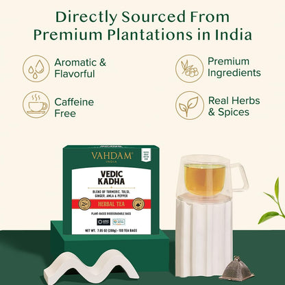 Vahdam, Vedic Kadha Herbal Tea Bags (100 Ct) Caffeine Free, 100% Real Ingredients - Turmeric, Black Pepper, Amla, Tulsi, Ginger, Cloves