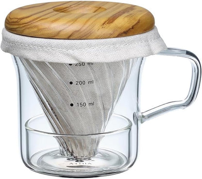 Athia Glass Pour Over Coffee Dripper Set, Glass Cone Dripper, Reusable Cloth Filter, Leather Cup Sleeve, Minimal Single Cup SET, for outdoor