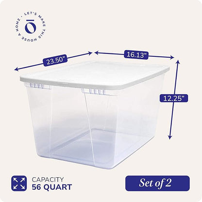 HOMZ 2-Pack Snaplock, Large Clear Plastic Storage Organizer Bins w/Lids, 56 Quart, Blue - Stackable Container Boxes for Bedroom, Bathroom, Garage, and Office Organization