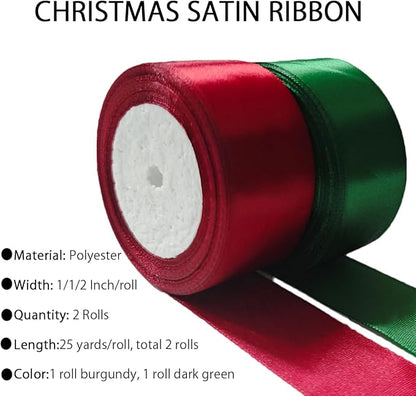 Dark Green Christmas Ribbon, Burgundy Satin Ribbon 1-1/2 Inch 50 Yards, Fabric Ribbons for Christmas Party Decorations, Gift Wrapping, Tree Ornaments, Bouquets, Door Wreath, Bows Making and DIY Crafts