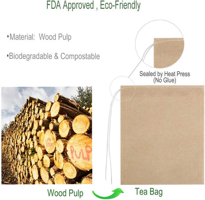 Aksuaple Eco-Fil Disposable Tea Filter Bags for Loose Tea, Wood Pulp Material, Biodegradable and Compostable, Unbleached Empty Tea Infuser Sachets with Drawstring, 100 Pack (3.2inch x 4.0inch) | Wood Pulp Material, Biodegradable and Compostable, Unbleache