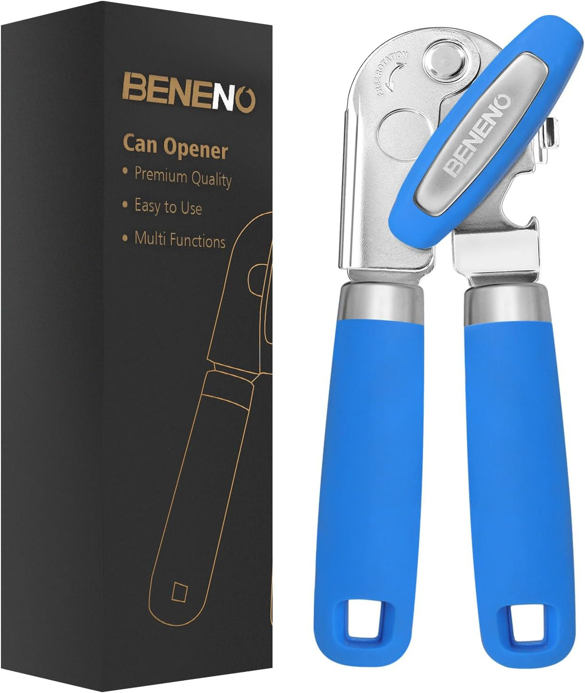 Beneno Can Opener Manual with Magnet, Hand Held Heavy Duty Can Opener with Durable Sharp Blade Smooth Edge, Big Effort-Saving Knob