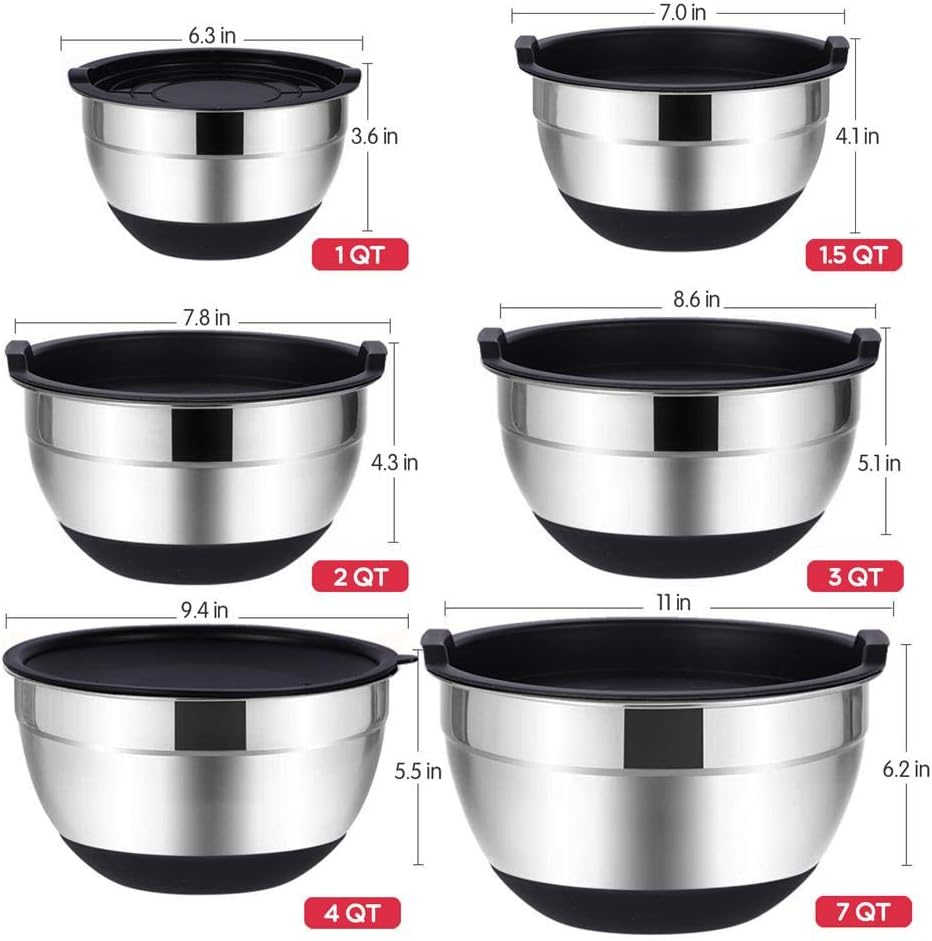 Mixing Bowls Set with Airtight Lids, 20PCS Stainless Steel, Nesting Bowls with 3 Grater Attachments & Non-Slip Bottoms, Size7, 4, 3, 2, 1.5