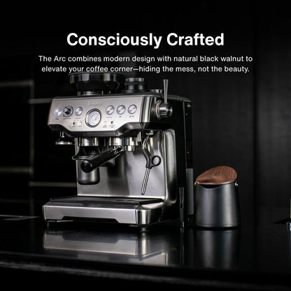 Crema Coffee Products Arc Knock Box | Holds 12–16 EspressoPucks|Durable,Stain-ResistantBuild withNon-Slip Base|Elegant WalnutPlastic Lid Design| EasyClean-Up &Moisture Control|BlackPlasticLid Finish