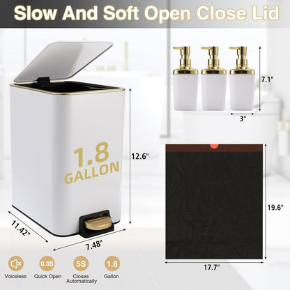 Small Bathroom Trash Can with Lid Soft Close, 1.8 Gallon Stainless Steel Garbage Can with Removable Inner Bucket,3PCS Soap Dispenser,75Count Trash Bag, Slim Step Pedal Trash Bins