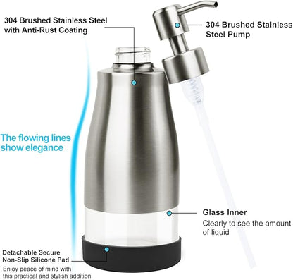 AUMIO Soap Dispenser with Non-Slip Silicone Pad - 2 Pack, Stainless Steel Case Glass Liner Hand Pump for Kitchen and Bathroom