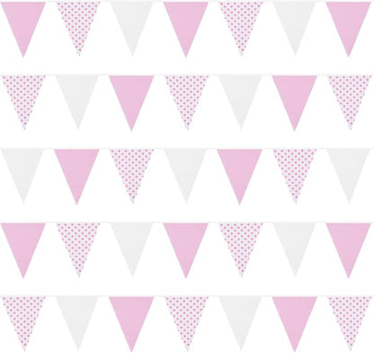 Zwiebeco 39Ft Pink White Dot Fabric Bunting Banner Triangle Flags Hanging Cotton Garland Pennant for Wedding Birthday Tea Party Nursery Home Outdoor Garden Decorations