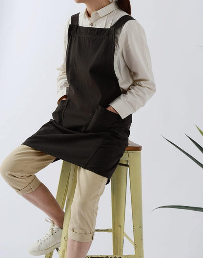 Soft Cotton Linen Apron for Women - Non-tie Cross Back Apron with Pockets, Great for Florist and Kitchen