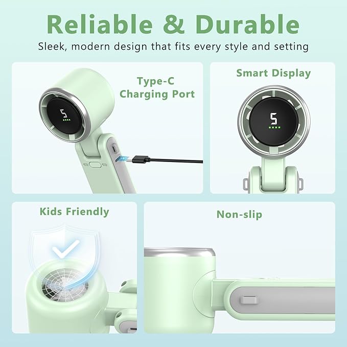 Portable Handheld Turbo Fan, 180° Foldable Mini Desk Fan with 5 Wind Speed, Portable Fan Rechargeable, LED Display, Small and Powerful, 3 IN 1 Hand Fans for Outdoor Activities, Office, Travel (Green)