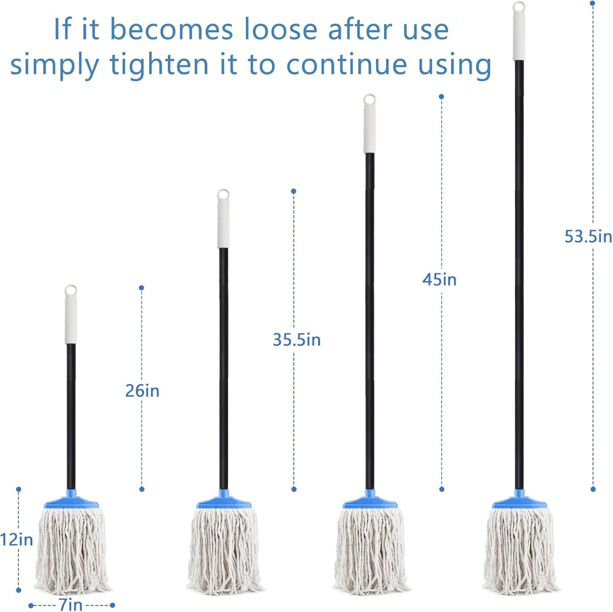 Indoor Cotton Mops for Floor Cleaning - Indoor Cleaning Mop for Wood Floors, Tile, Hardwood Floor, 52" Adjustable Iron Handle Regular Mops to Clean Living Room, Kitchen, and Bathroom. (Blue White