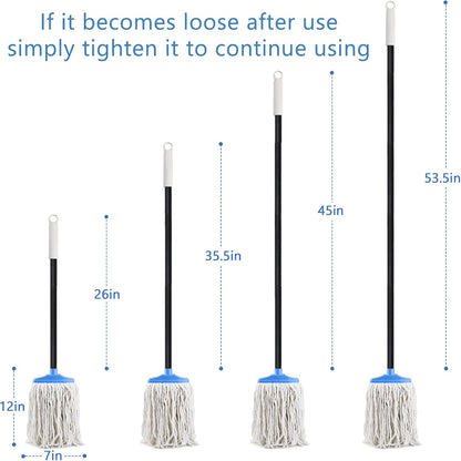Indoor Cotton Mops for Floor Cleaning - Indoor Cleaning Mop for Wood Floors, Tile, Hardwood Floor, 52" Adjustable Iron Handle Regular Mops to Clean Living Room, Kitchen, and Bathroom. (Blue White