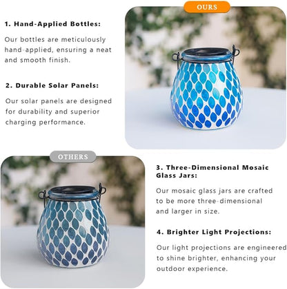 Starsoul 4 Pack Solar Lanterns Outdoor Waterproof, Elegant Blue Glass Mosaic Solar Lantern, Solar Hanging Lights Outside Patio Porch Yard Decor