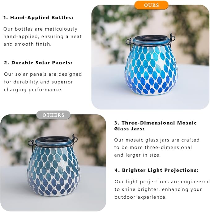 Starsoul 2 Pack Solar Lanterns Outdoor Waterproof, Elegant Blue Glass Mosaic Solar Lantern, Solar Hanging Lights Outside Patio Porch Yard Decor