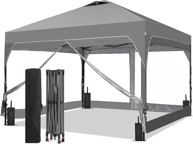 10x10 FT Pop Up Canopy with 4 Clear PVC Sidewalls, Instant 1-Button Push Canopy Tent for Outdoor Activities & Events
