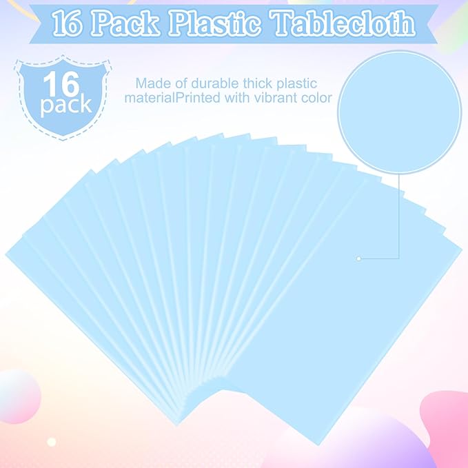 16 Pack Light Blue Plastic Tablecloth for Rectangle Tables, Premium Decorative Baby Blue Disposable Table Cloths for Parties, Rectangle Party Table Cover for Birthday Wedding Baby Shower, 54x108 Inch