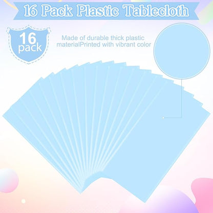 16 Pack Light Blue Plastic Tablecloth for Rectangle Tables, Premium Decorative Baby Blue Disposable Table Cloths for Parties, Rectangle Party Table Cover for Birthday Wedding Baby Shower, 54x108 Inch