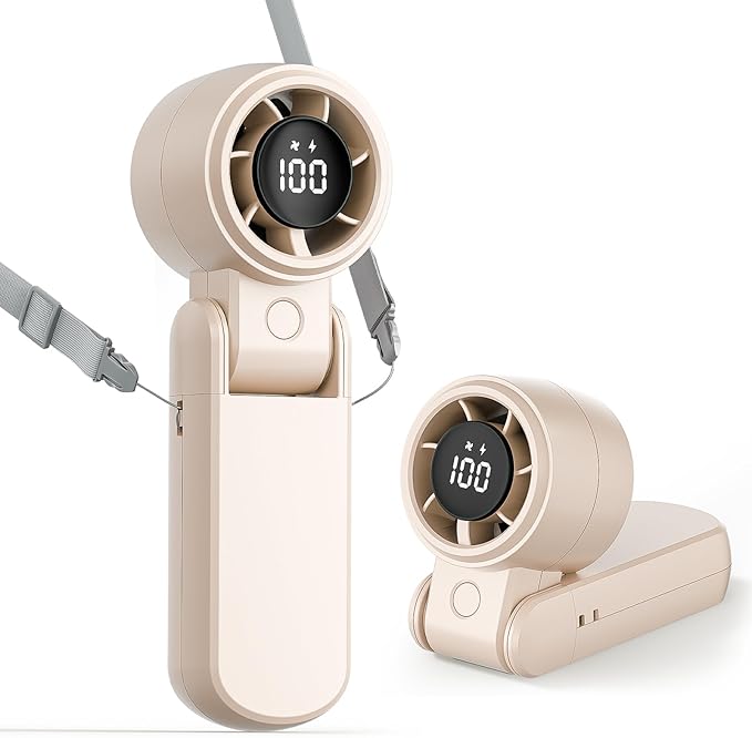 TriPole Portable Handheld Turbo Fan with LED Display, 4000mAh Rechargeable Battery Mini Travel Fan, Foldable for Desk & Neck, 3-IN-1 High Speed Personal Cooling Hand Fans for Outdoor Trip Beach, Beige