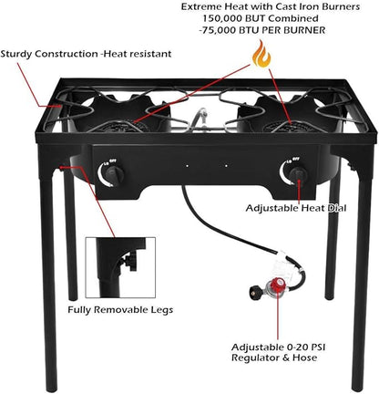 Goplus Outdoor Camping Stove, Dual Burner Propane Gas Cooker w/Detachable Legs & 0-20 PSI Regulator & CSA Approval for Camp Patio RV, Cast Iron, 150,000-BTU