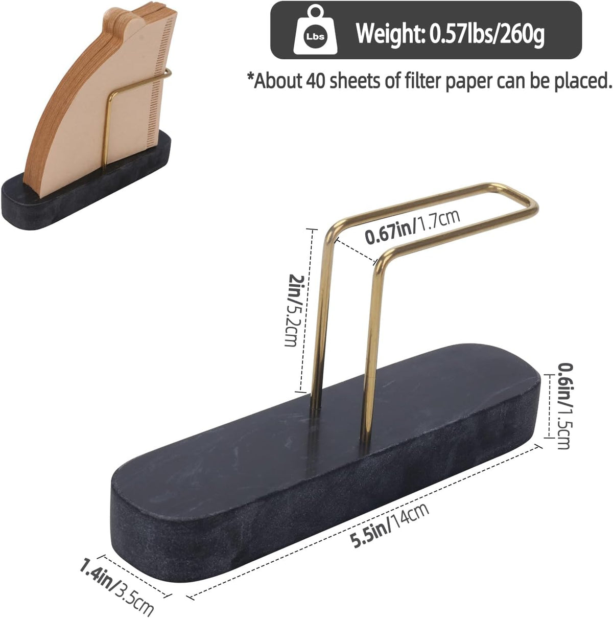 Coffee Filter Holder, Marble & Brass Cone Coffee Filters Holder Organizer Station, Stand Accessories for V60 Filters Size #01, #02 & #04, Thick and Anti-slip (Black)