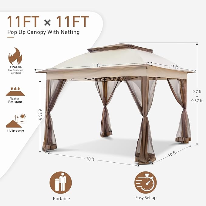 COOS BAY 11x11 Pop Up Gazebo with Mesh Netting, Instant Outdoor Canopy Tent, Water Resistant Shelter with UPF 50+ UV Protection, 121 Sq Ft Coverage, Beige