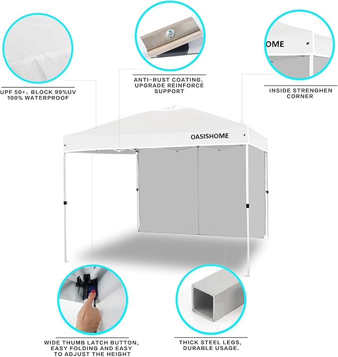 OASISHOME Pop-up Portable Outdoor Canopy Tent 10'x10' Instant Gazebo, with 1 Sidewall, Carry Bag, Stakes, Ropes, for Outdoor/Beach/Patio/Wedding Parties and Commercial Events (10FTx10FT, White)