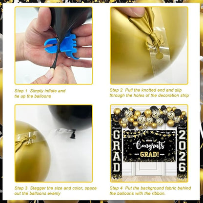 AIBIIN 60pcs Graduation Decorations Class of 2026 Black Gold Graduation Balloon Arch Kit with Congrats Grad Backdrop Class of 2026 Porch Sign Banner Congrats Grad Prom Party Decorations Supplies